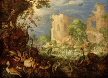 R. Savery, Pájaros exóticos, paisaje