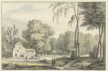 Paisaje con una caravana de viaje frente a una granja