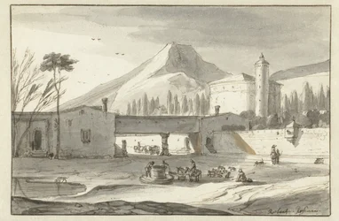 Paisaje montañoso e italianizante con una iglesia rotonda