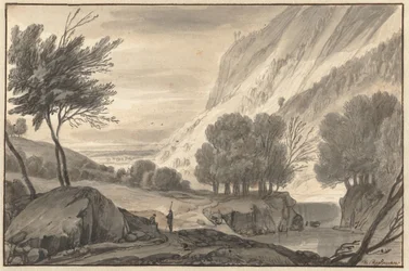 Paisaje montañoso con dos viajeros