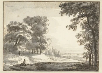 Paisaje arbolado con un viajero descansando