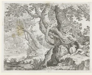 Pastor durmiente junto a un gran árbol