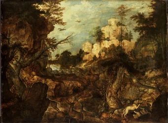 Caza de jabalíes en un paisaje rocoso