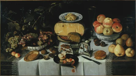 Naturaleza muerta con queso y frutas