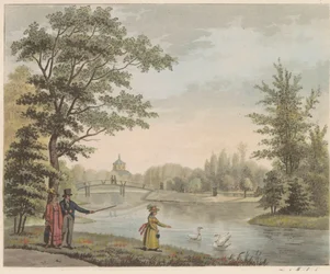 Jardín en Huis ten Bosch, hacia 1825 Vista sobre el puente suizo y el Vijver, cerca de la casa en el Bosch en s