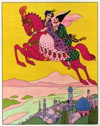El caballo los eleva por los aires, ilustración de "El caballo mágico", de "Las mil y una noches".