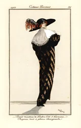 Mujer con abrigo largo de piel de nutria con cuello de armiño, sombrero negro con pluma multicolor, aguafuerte según una ilustración de Roger Broders del Journal des Dames et des Modes de Tommaso Antongini, Aux Bureaux du Journal des Dames, París