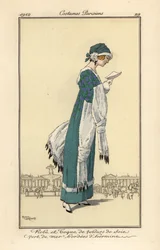 Mujer leyendo una carta con vestido y sombrero de copa de terciopelo de seda verde mar ribeteado de armiño. Chal y manguito de armiño, grabado pochoir (estarcido) coloreado a mano según una ilustración de Roger Broders del Journal des Dames et des Modes de
