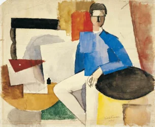 Composición cubista con un hombre sentado a una mesa