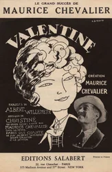 Portada de la partitura del gran éxito de Maurice Chevalier "Valentine" letra de Albert Willemetz música de Christine ediciones Salabert, c.1925 (impresión)