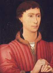Retrato de un joven, de busto, con un jubón rojo adornado con pieles, c.1450-60 (óleo sobre tabla)