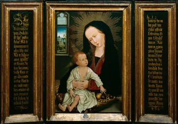 Salve Regina (Salve, Oh Reina, oración católica), representación de la Virgen y el Niño sosteniendo una pera