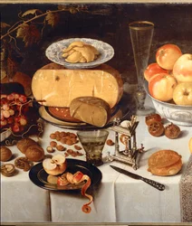 Naturaleza muerta. Manzanas, queso, fruta, vajilla (óleo sobre madera de roble)