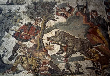 Un cazador herido por un jabalí, uno de sus compañeros repele al animal con su lanza, detalle de "La pequeña partida de caza"