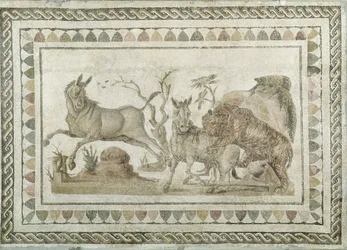 Un tigre ataca a dos onagros, de la Casa de la Procesión Dionisíaca, El-Jem (Thysdrus) (mosaico)