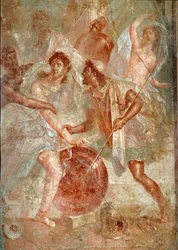 Aquiles, disfrazado de mujer, es reconocido por Ulises entre las hijas de Licomedes en Esciros. Fresco de Pompeya. Siglo I d. C. Dimensiones: 145,5 x 137,5 cm. Museo Arqueológico Nacional, Nápoles. Arte romano. Lucha violenta entre los habitantes de