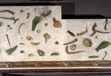 “Asarotos” (Suelo sin barrer) Fragmentos de mosaico firmado por Harakliton de Roma, siglo II d.C., Roma
