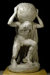 Atlas Farnesio sosteniendo el globo celeste que simboliza los conocimientos astronómicos de la época. Escultura romana de mármol a partir de un original griego. Siglo II. Dimensiones: 191 cm. Museo Arqueológico Nacional, Nápoles