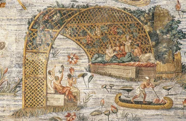 Banquete bajo pérgola, detalle del mosaico nilótico de la inundación del río Nilo en Egipto, del Santuario de Fortuna Primigenia en Palestrina, Lacio, Italia, civilización romana