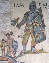 Batalla entre gladiadores, detalle de un gladiador armado con una daga y un escudo, 320 d.C. (mosaico)