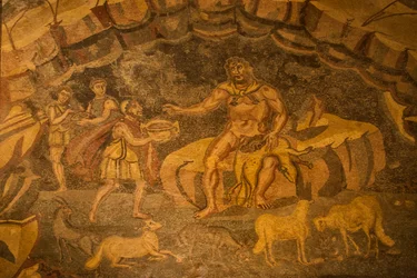 Mosaico del suelo de Cíclope, Villa Romana del Casale, Piazza Armerina, Sicilia, Italia (foto)