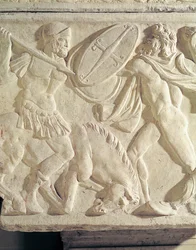 (Detalle) de un sarcófago que representa a un soldado romano luchando contra un gálata