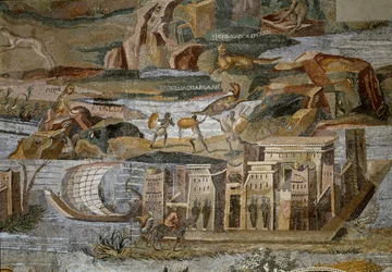 (detalle) del mosaico nilótico de Preneste (Palestrina) del santuario de la deidad de Fortuna Primigenia, 80 a.C.