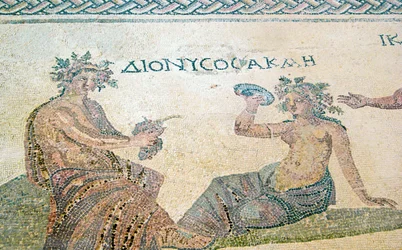 Dionisio aconsejando a la ninfa Akme, Casa de Dionisio, Pafos, Chipre