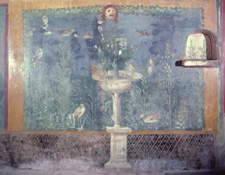 Fuente, máscara y pájaros, Casa de Venus en la concha, Pompeya, Italia
