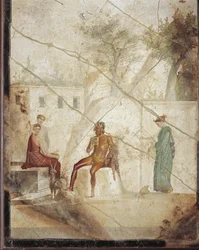 Fresco que representa a Pan y Ninfas de Pompeya, Italia