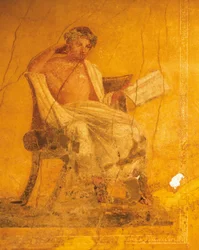 Fresco sobre fondo amarillo que representa al poeta griego Menandro, de la Casa de Menandro, Pompeya, Campania, Civilización Romana