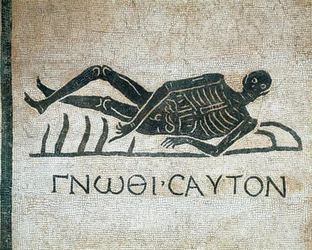 Gnothi seauton (Conócete a ti mismo) mosaico memento mori del convento de San Gregorio en Roma, con el lema griego