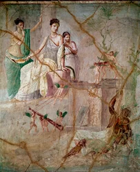 Heracles y Ónfale, fresco romano del 3.er estilo pompeyano procedente de Pompeya, 40-60 d. C., dimensiones 88 x 103 cm, conservado en el Museo Arqueológico Nacional de Nápoles, Italia