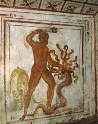 Hércules y la Hidra de Lerna, fresco, Catacumba de la Vía Latina, Roma, Italia, siglo IV