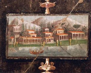 Paisaje y arquitectura en pintura mural en tablinum, Casa de Marco Lucrecio Fronto, Pompeya, Campania, Civilización Romana