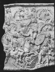 Lusio Quieto al mando de la caballería mora, vaciado tomado de la Columna de Trajano, 110-113 d. C.