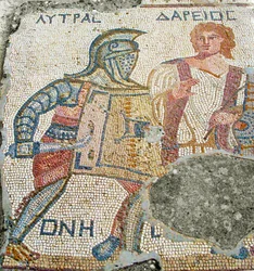 Lytras siendo separado de su oponente por Darios, Casa de los Gladiadores, Kourion, Chipre