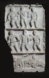 Relieve de mármol con 3 registros: esclavos encadenados y animales, c.200 d.C.