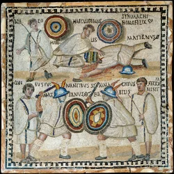Mosaico que representa la lucha entre dos equites llamados Simmachius y Maternus, romano, siglo III d.C.