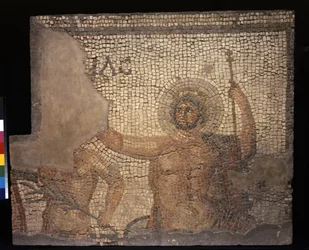 Mosaico de la Casa de Menandro con Zeus, siglo III-IV (teselas de piedra caliza y mármol)