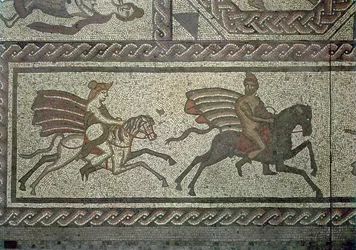 Pavimento de mosaico de la villa romana en Low Ham, ilustrando la historia de Dido y Eneas de la Eneida de Virgilio, c.350 d.C. (detalle)