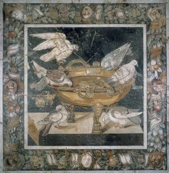 Mosaico de Pompeya con un grupo de palomas en el borde de un labrum. Siglo III a. C.