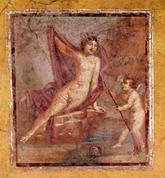 Narciso y Eros, fresco romano del tercer estilo pompeyano procedente de Pompeya, Italia, siglo I d. C.