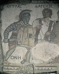 Pintura de dos gladiadores en un muro de mosaico, Kourion, Limassol, Chipre
