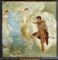 Perseo liberando a Andrómeda. Fresco de 37,5x37,5 cm. Procedente de la Casa de los cinco esqueletos (Casa dei cinque Scheletri) en Pompeya. Sin fecha. Museo Arqueológico Nacional, Nápoles (Museo Arqueológico de Nápoles). ©Raffael/Leemage