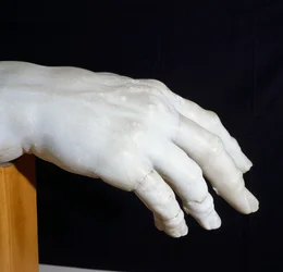 Mano derecha de Polifemo, fragmento del Grupo de Polifemo, o Ulises cegando a Polifemo, escultura de mármol de Agesandro, Atenodoro y Polidoro, copia del original del período helenístico, civilización romana