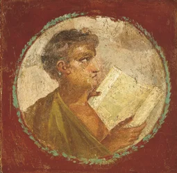 Retrato de un joven sosteniendo un pergamino de papiro, 55-79 d.C. (detalle)