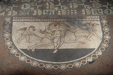 Rapto de Europa, mosaico del suelo de la Villa Romana de Lullingstone, ca 82 d.C., Eynsford, Kent, Inglaterra, Reino Unido, civilización romana