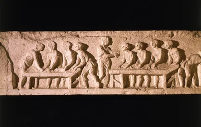 Relieve que representa una panadería, de la tumba de Eurysaces el Panadero, en Porta Maggiore, Roma, 50-20 a.C.