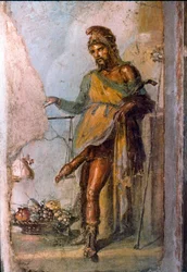 Representación de la divinidad griega Príapo, dios de la fertilidad, con un pene enorme constantemente en erección. Detalle de un fresco de Pompeya. Casa dei Vettii. Siglo I d.C.